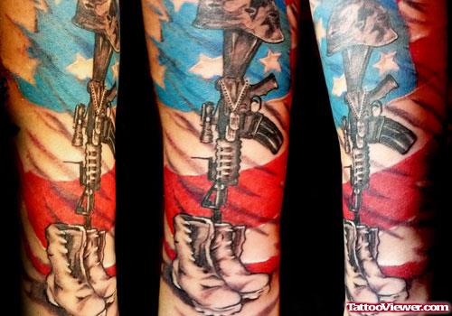 Colored Us Flag and Army Gun Tattoo
