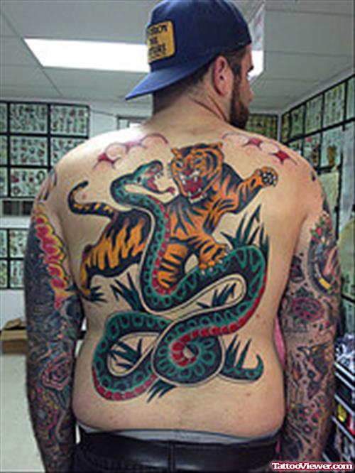 Colored Snake And Army Tiger Tattoo On Back
