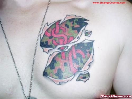 Ripped Skin Army Tattoo On Man Chest