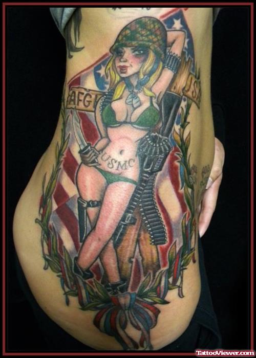 Pin Up Girl And Army Tattoo On Side Rib