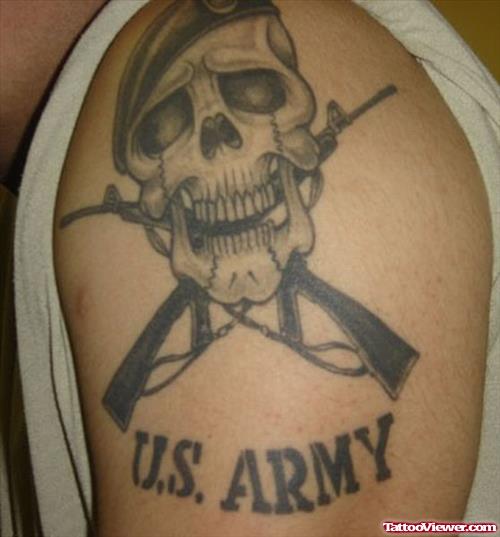 Grey Ink Skull and U.S Army Tattoo On Left Shoulder