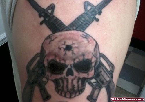 Grey Ink Skull And Guns Army Tattoo