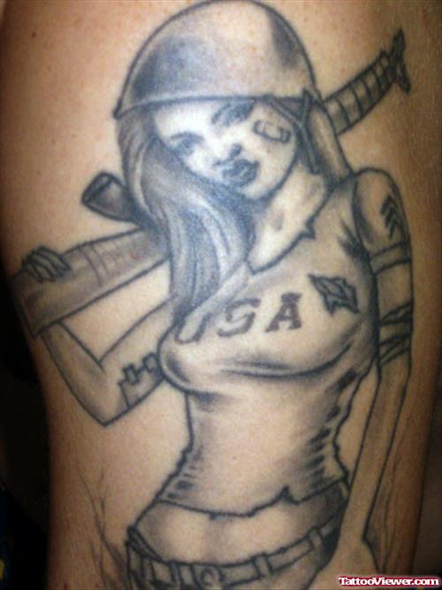 Grey Ink Army Girl Tattoo