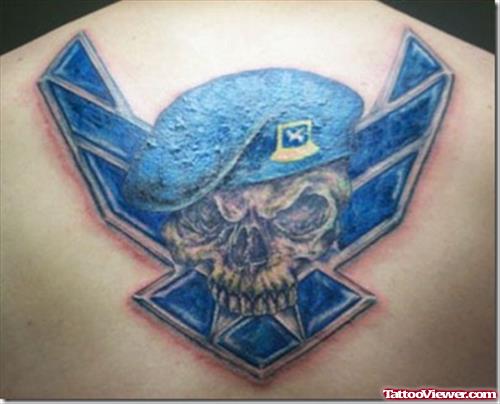 Blue Ink Army Skull Tattoo On Upperback