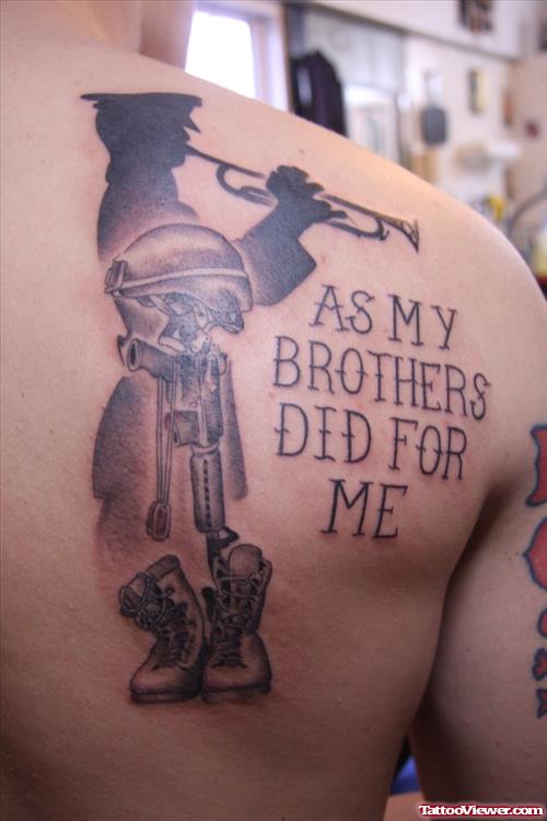 Attractive Grey Ink Army Tattoo On Right Back Shoulder
