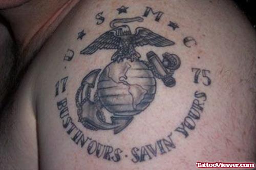 Grey Ink Us  Army Logo Tattoo On Left Shoulder