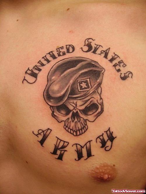 Grey Ink United States Army Tattoo On Man Chest