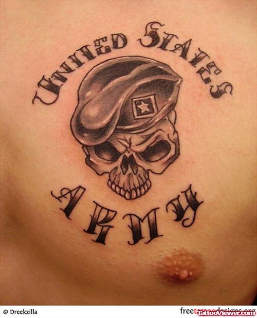 Grey Ink Skull United States Army Tattoo On Chest