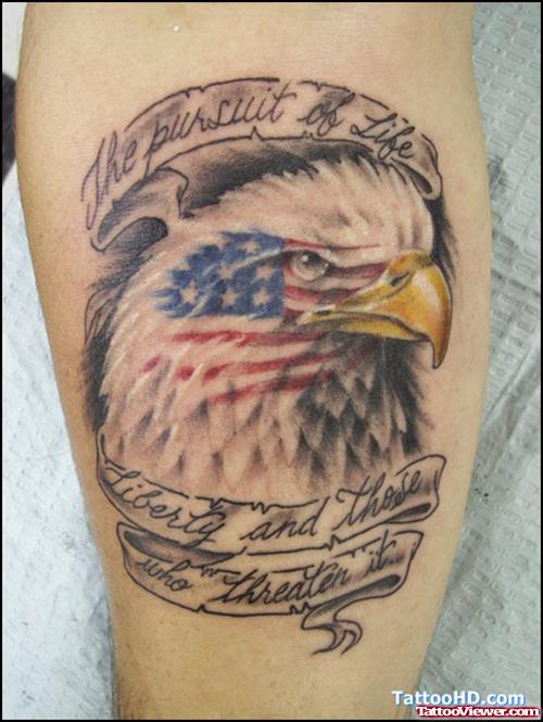 Grey Ink Eagle Head And Banner Army Tattoo