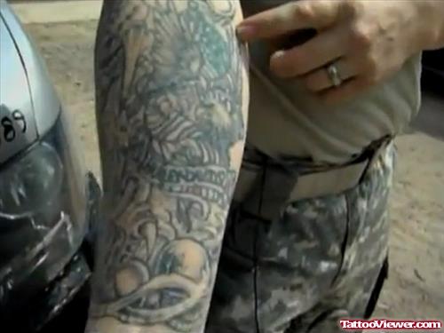 Grey Ink Army Tattoo On Right Forearm