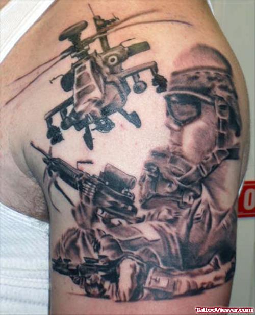 Grey Ink Army Tattoo On Man Left SHoulder