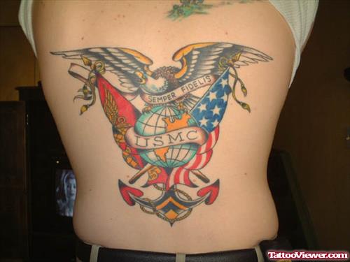 Colored USMC Army Tattoo On Back