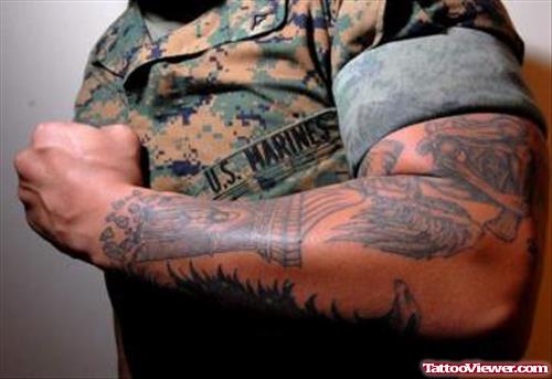 Army Tattoo On Man Left Sleeve