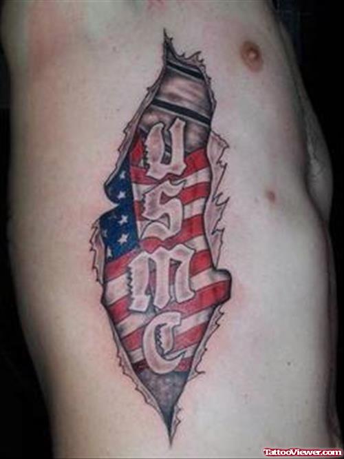 Ripped Skin USMC Tattoo On Side Rib