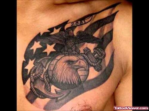 Mind Blowing Grey Ink Army Tattoo On Man Chest