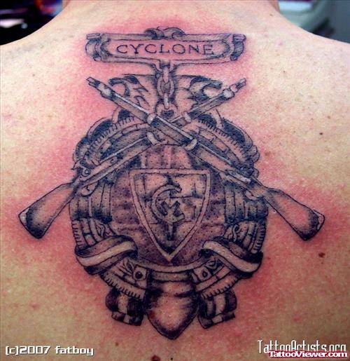 Grey Ink Army Tattoo On Upperback