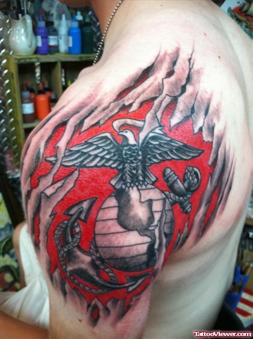 Ripped Skin Colored Army Tattoo On Left Shoulder