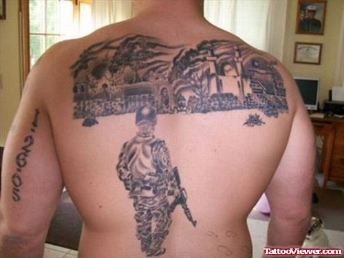 Grey Ink Army Tattoo On Man Upperback