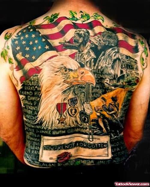 Colourful Military Tattoo On Back