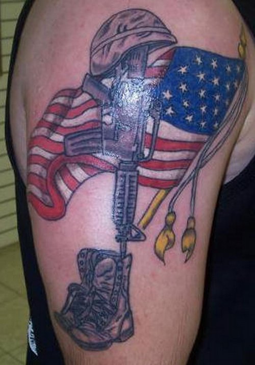 Color Us Flag And Soldier Equipments Army Tattoo