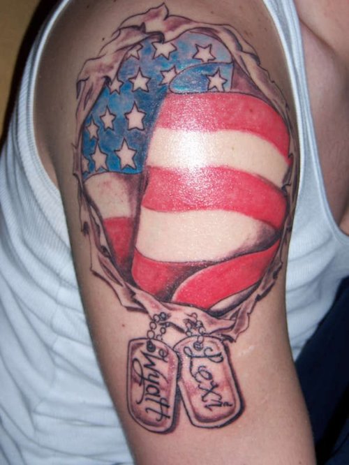 Colored Army Us Flags Tattoo on Right SHoulder