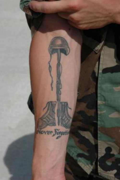 Grey Ink Army Tattoo On Right Arm