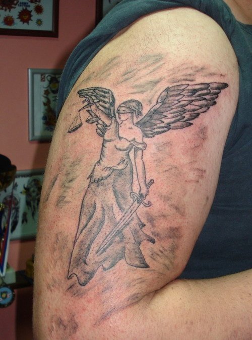 Grey Ink Army Angel Tattoo On Right Half Sleeve