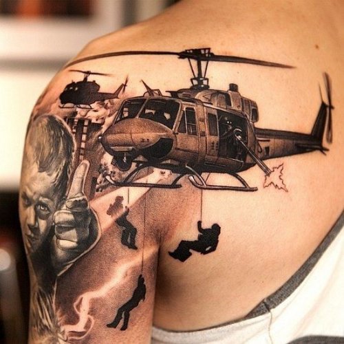 Grey Ink U.S Helicopter Army Tattoo On Back Shoulder