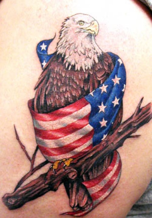 Patriotic Army Eagle With Us Flag Tattoo On Back Shoulder