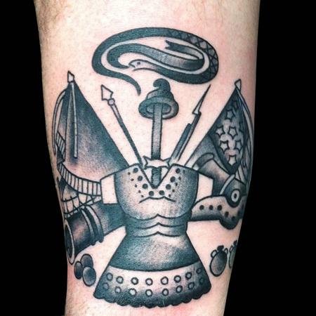 Grey Ink Army Tattoo On Left Sleeve