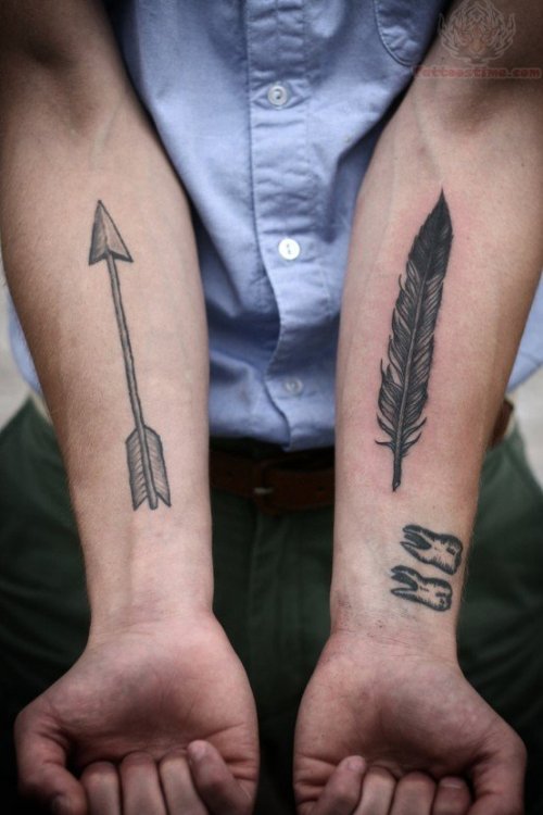 Teeth Feather And Arrow  Tattoos On Arm