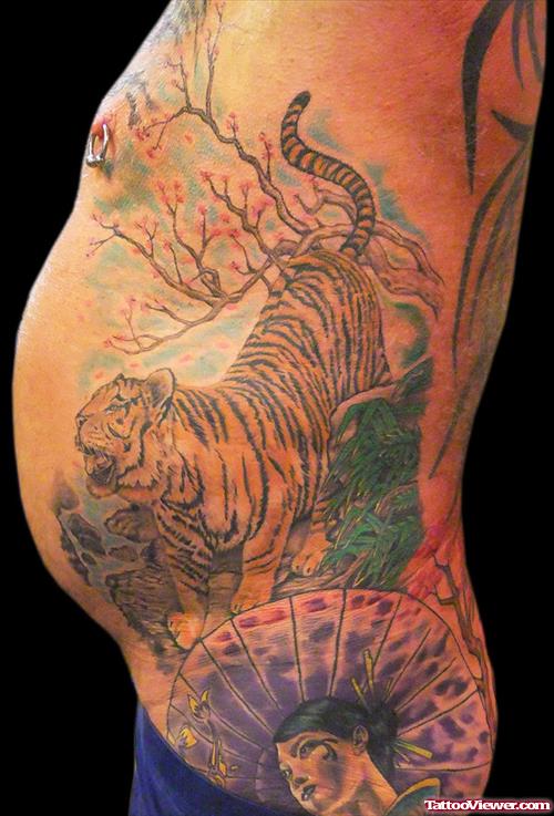 Colored Ink Asian Tiger Tattoo On Side Rib