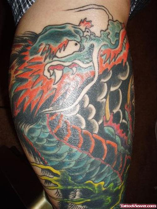 Colored Asian Dragon Tattoo On Leg