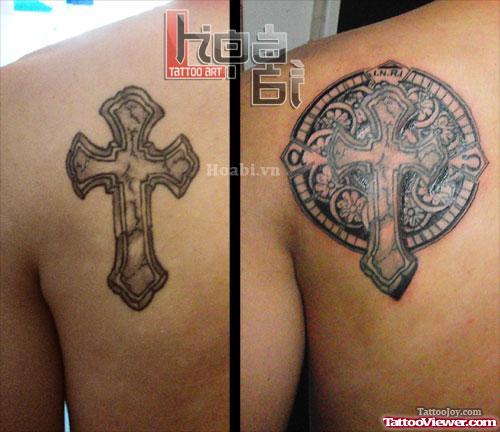 Asian Cross Tattoo On Left Back Shoulder