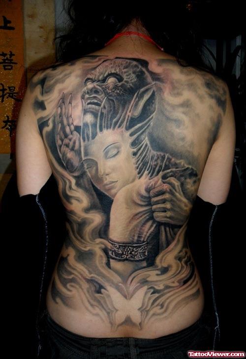 Awesome Grey Ink Asian Tattoo On Girl Back
