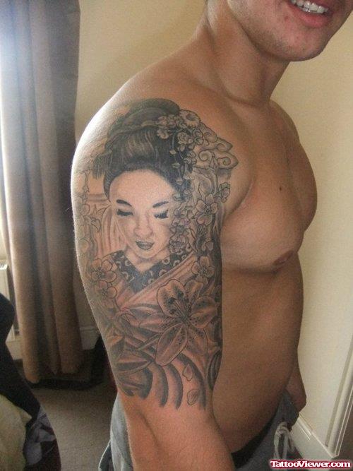 Amazing Grey Ink Asian Tattoo On Man Right Half Sleeve