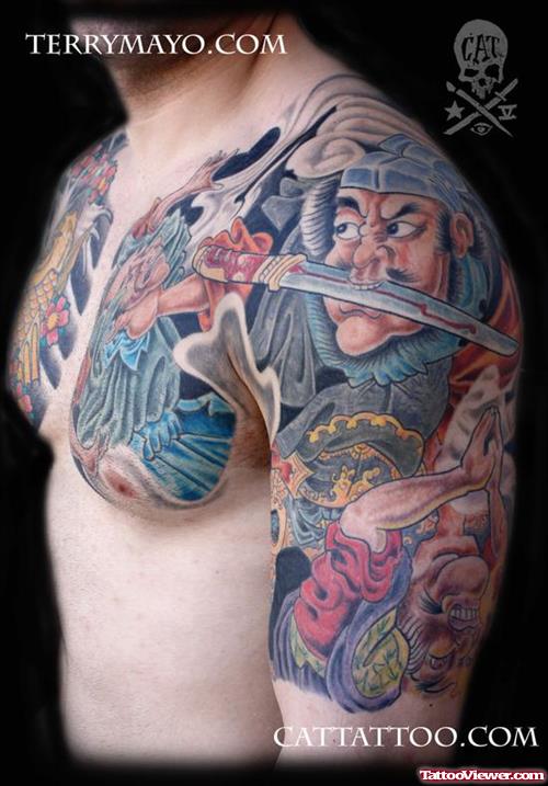 Samurai Asian Tattoo On Man Chest And Left Shoulder