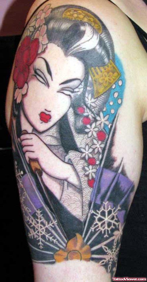 Attractive Colored Asian Tattoo On Right Sleeve