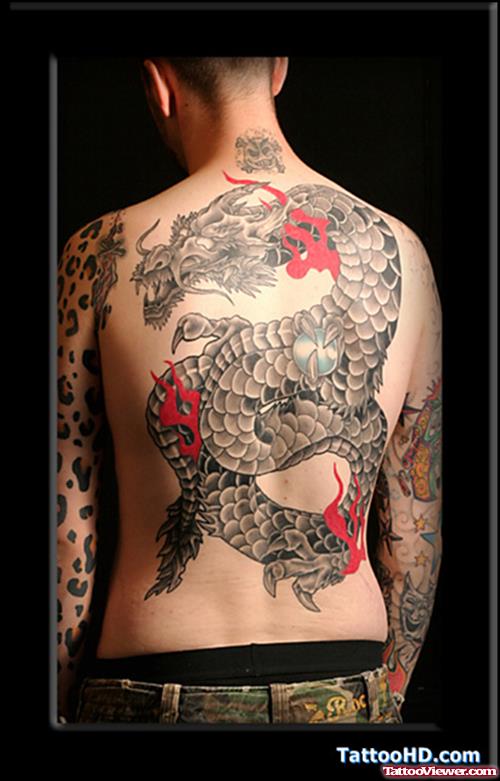 Grey Ink Dragon Asian Tattoo On Back