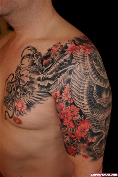 Grey Ink Dragon Asian Tattoo On Left Shoulder