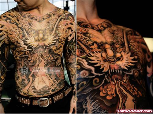 Grey Ink Asian Tattoos On Back And Chest