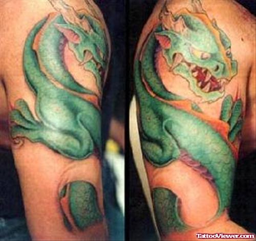 Green Ink Asian Dragon Tattoo On Half Sleeve