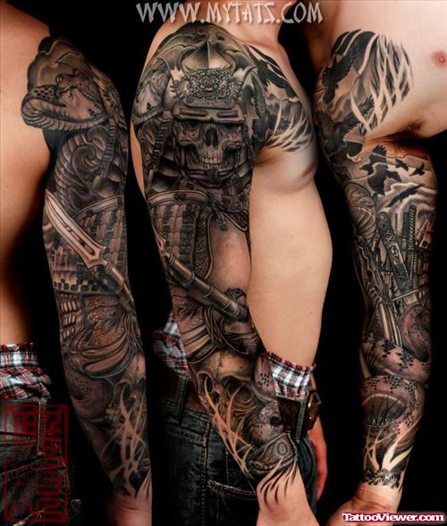 Dark Ink Asian Tattoo On Full Sleeve