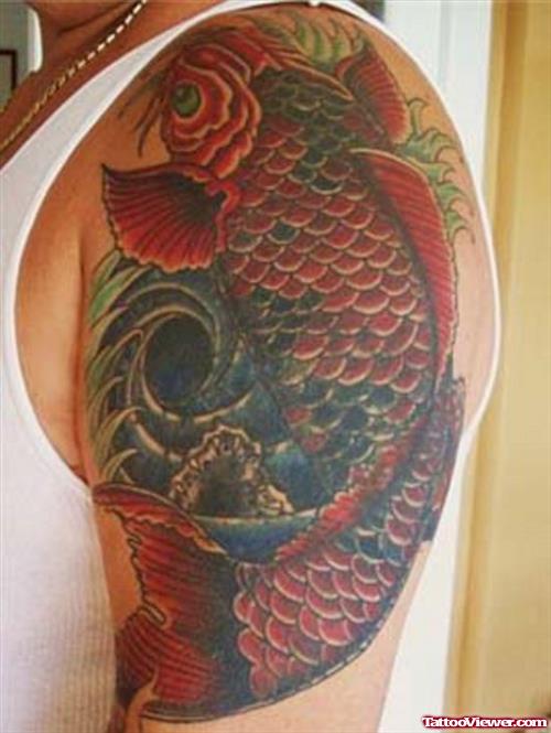 Colored Asian Koi Fish Tattoo On Left Half Sleeve