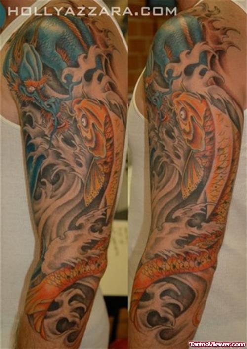 Color Asian Dragon Tattoo On Left Sleeve