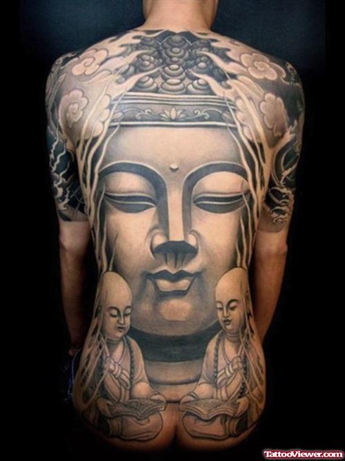 Grey Ink Asian Buddha Head Tattoo On Back
