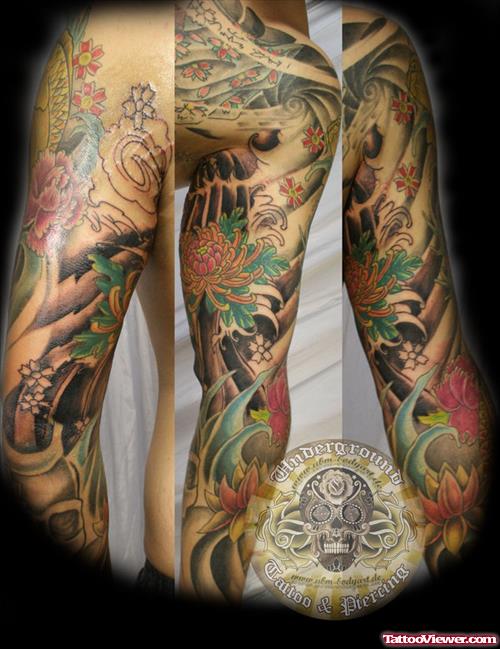Beautiful Color Ink Asian Tattoo On Sleeve