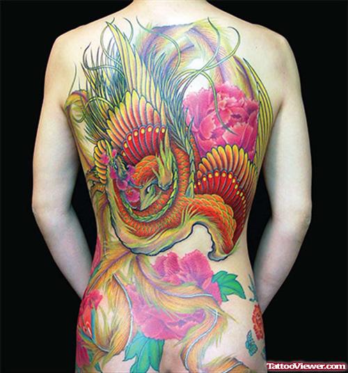 Flowers And Phoenix Asian Tattoo On Back