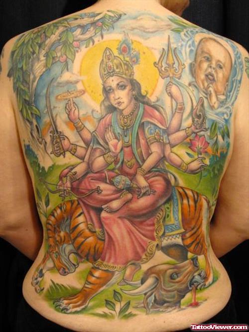 Colored Asian Religious God Tattoo On Back