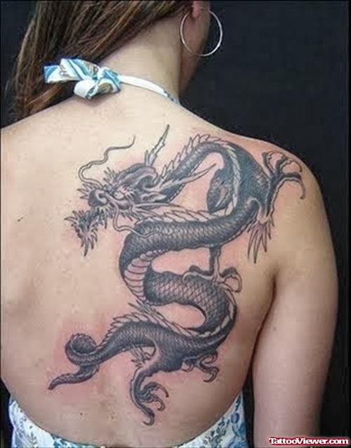 Awesome Grey Ink Dragon Asian Tattoo On Back